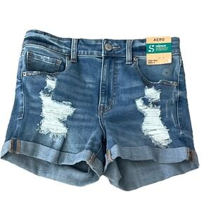 NWT AERO High Rise Midi Denim Shorts Distressed Stretch Size 6 Festival Summer